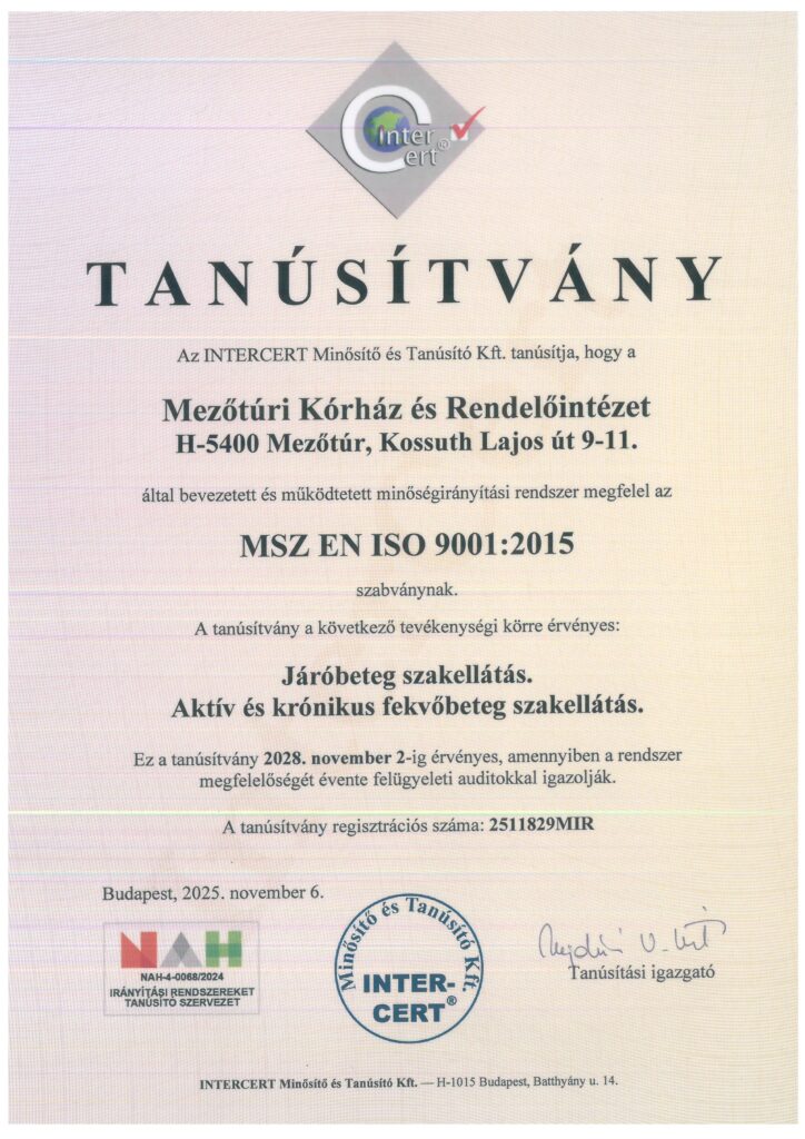Mezőtúri Kórház ISO 9001 tanúsítvány